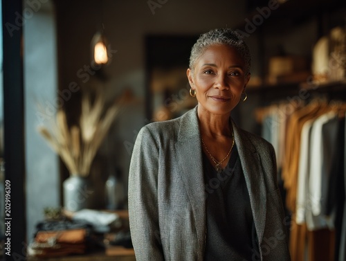 A confident 55 year old Black female business owner with short grey hair stands in her clothing boutique in a wide shot.