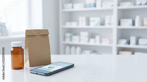 Pharmacy counter with medicine bottle paper bag and mobile prescription app