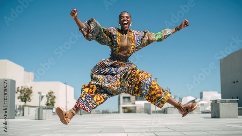 African woman in colorful traditional attire jumps joyfully outdoors against a clear blue sky