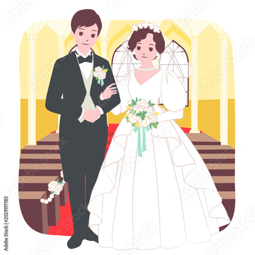 【ライフステージ】ウェディングドレスとタキシードを着て教会で結婚式を挙げる夫婦のイラスト素材