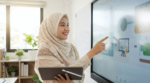 Woman in hijab presenting on screen.