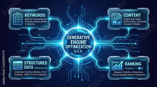 Generative engine optimization diagram showing complex digital network connections with four distinct information panels for modern artificial intelligence marketing strategies