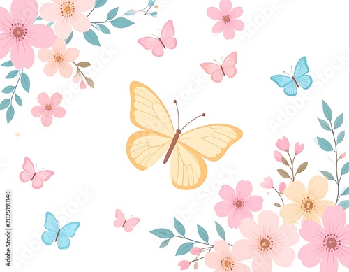 Colorful butterflies and flowers arrangement.