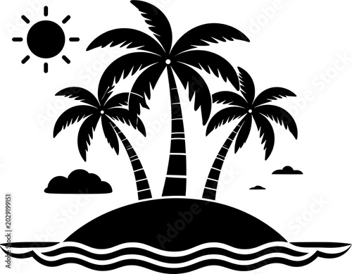 Tropical island with palm trees and sun.