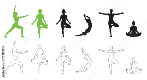 Foto Yoga Poses Silhouette and Line Art Collection - Health & Wellness Icons