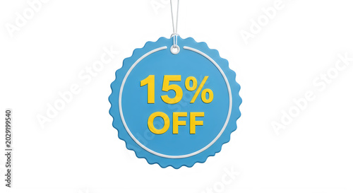 A round blue badge with the text 15% off in the center featuring a ribbon at the top isolated on transparent background