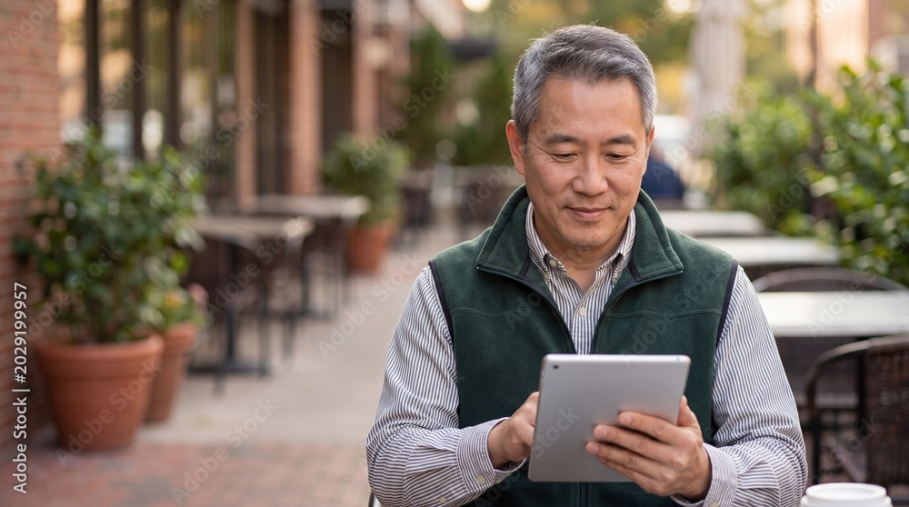Obraz premium Mature Man Using Digital Tablet Outdoors