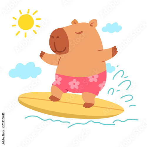 Cute Capybara Surfing on Surfboard Cartoon Beach Summer Vector Illustration