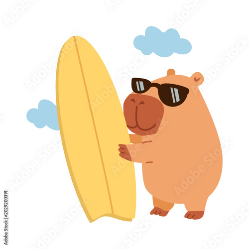 Cool Capybara with Sunglasses Holding Surfboard Cartoon Summer Vector Illustration