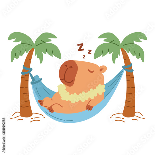 Cute Capybara Sleeping in Hammock Between Palm Trees Summer Cartoon Vector