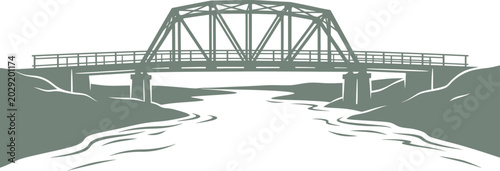 vector can be editable Simple metal truss bridge crosses over a river in an open landscape