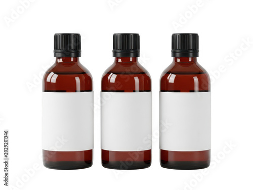 Three identical brown glass bottles with white labels and black caps.