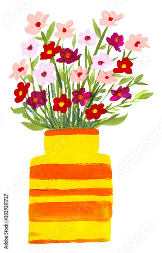 Illustrazione gouache di vaso giallo con fiori colorati