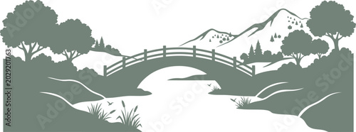 vector can be editable Wooden arch bridge in a park setting with mountain backdrop