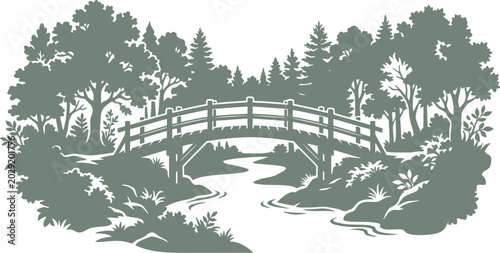 vector can be editable Wooden footbridge over a winding river in a woodland setting