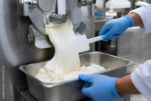 Freshly Churned Ice Cream Collected from Industrial Machine