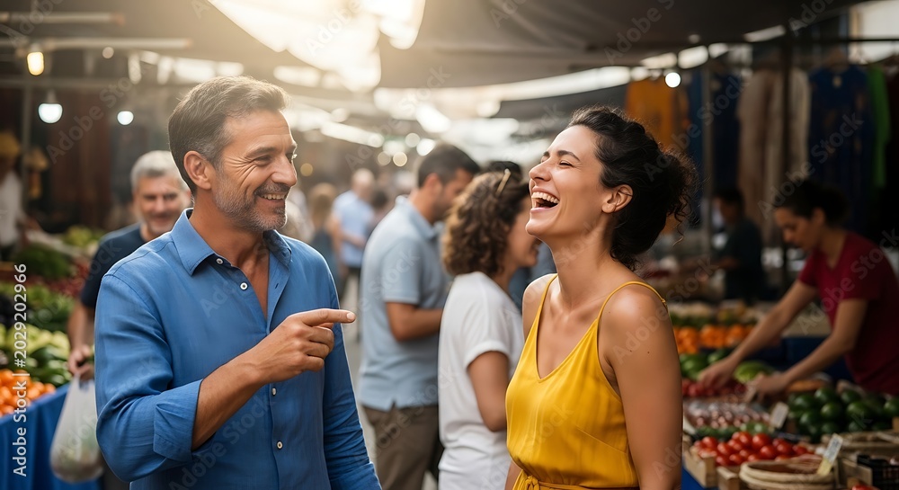 Obraz premium Happy couple shopping at a local outdoor farmers market.
