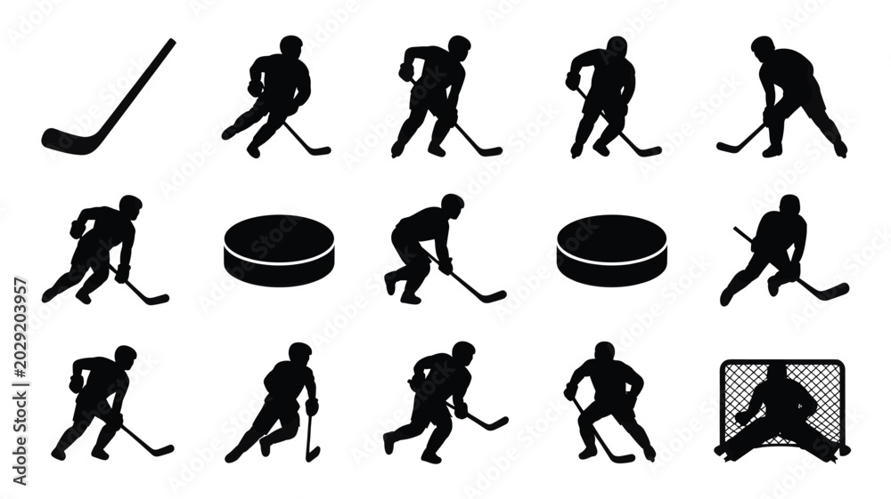 Αυτοκόλλητο Set of 15 Black Ice Hockey Player, Stick, Puck, and Goal Silhouettes Vector Icon