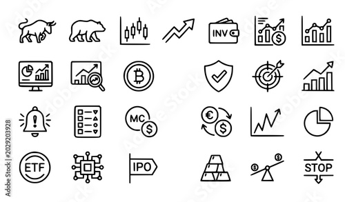 Title
Stock market and trading outline icon set with investment finance bull bear chart editable stroke linear vector pack