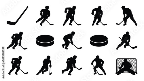 Canvas Print Set of 15 Black Ice Hockey Player, Stick, Puck, and Goal Silhouettes Vector Icon