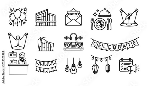 Canvastavla SEO Title
Party and festival event organization line icon collection with decora