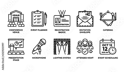 Canvastavla Title
Corporate event management minimal line icon pack with registration venue