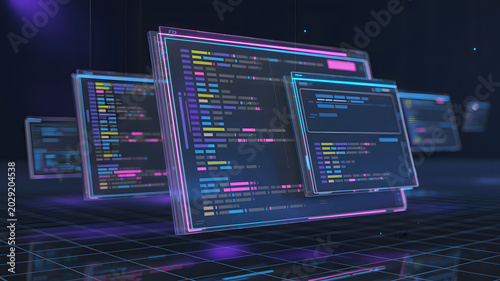Fototapeta kuchenna Digital screens displaying code futuristic programming interface with neon glow concept for software development and technology.