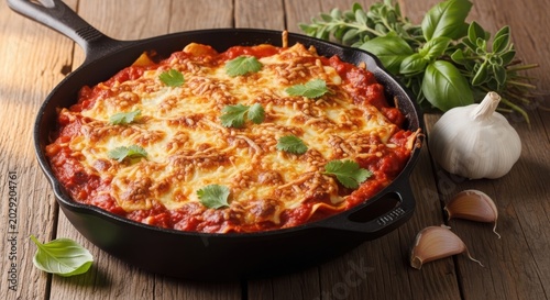 Homemade pizza in a black skillet with fresh garlic and herbs
