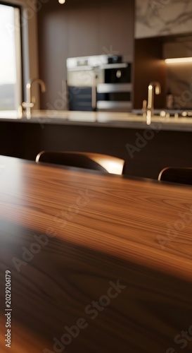 Empty wooden table in luxury modern kitchen background