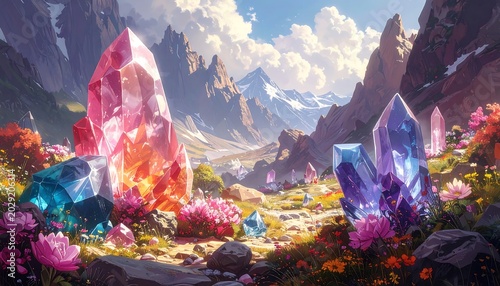 A vibrant, fantastical landscape with towering crystal formations, blooming flowers, and majestic mountain vistas under a bright sky
