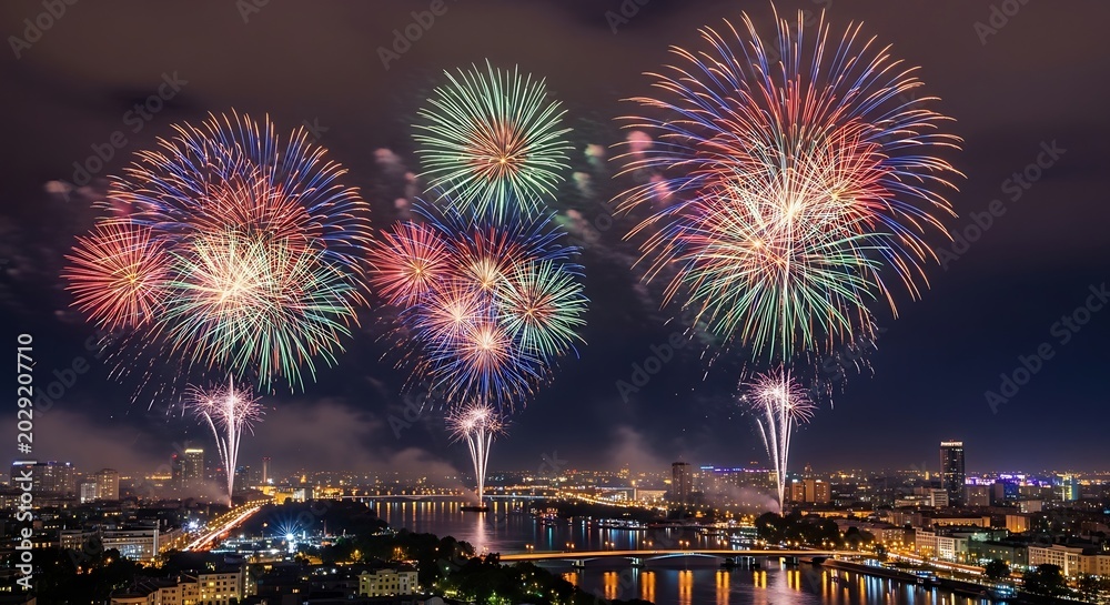 Fototapeta premium Stunning fireworks display over a city skyline at night.