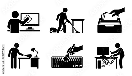 Konstfotografi Office Cleaning Icons Set, Desk Maintenance Vector Graphics, Computer Care Symbo