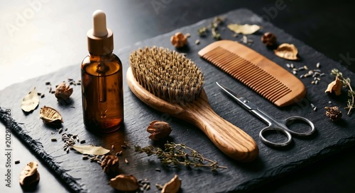 Men's Beard Grooming Kit with Amber Oil Bottle Wooden Brush Comb and Scissors on Dark Slate