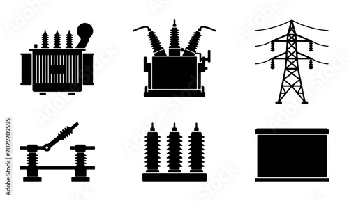 Photos Electrical Transformer and Power Line Icons, High Voltage Equipment Set, Industr