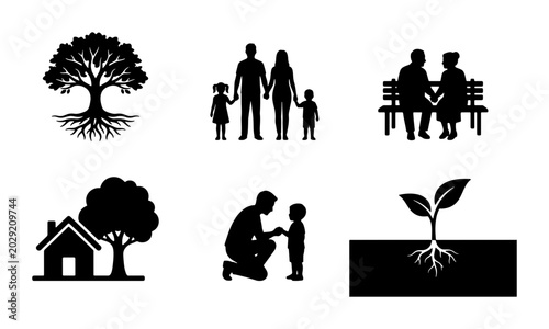 Foto Family Tree and Growth Icons Set, Silhouette Vector Graphics for Life, Home, and