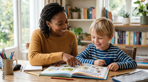 Smiling Black female tutor helping a young blonde boy read an illustrated book at a table.