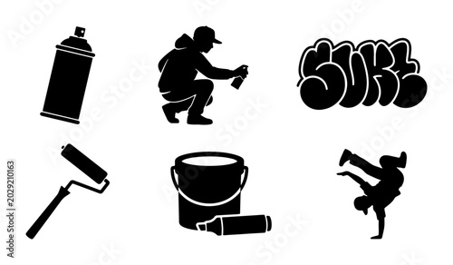 Foto Graffiti Art Icons: Spray Paint, Breakdancer, Tagging, Roller Brush, Paint Bucke
