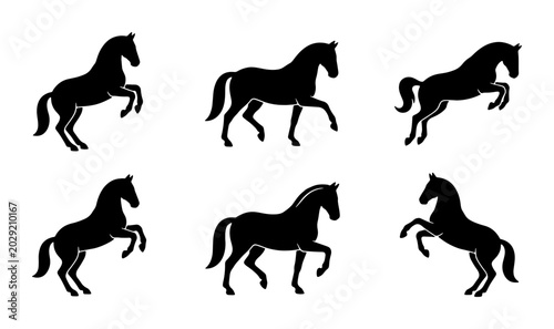 Tableau sur toile Six Silhouette Horse Icons, Dynamic Poses, Equestrian Vector Graphics, Black Ani
