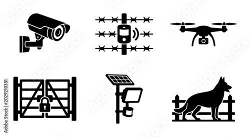 Foto Security System Icons: Surveillance Camera, Drone, Guard Dog, Gate, Solar Light,