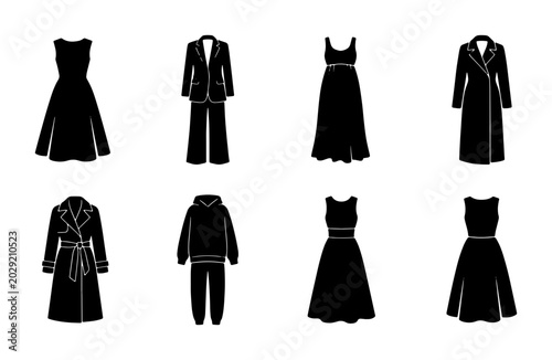 Bilde på lerret Black Silhouette Fashion Icons Set, Elegant Dresses, Suits, and Outerwear Vector