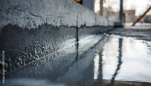 Close-up of a wet concrete surface with reflections and water droplets.