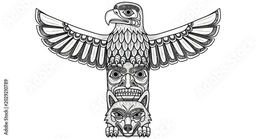 Foto Native American Totem Pole with Eagle and Wolf Illustration