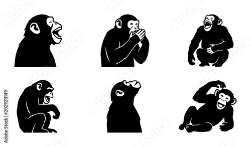 Photography Chimpanzee Vector Icons Set: Diverse Primate Poses, Black and White Graphic Elem