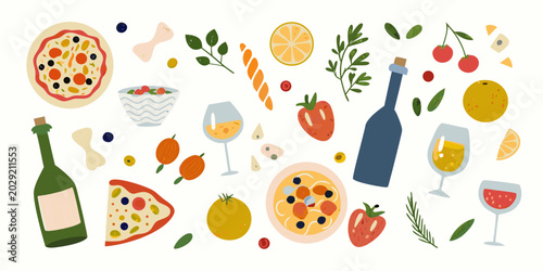 Foto italian food illustration with pizza fruit and wine on white background