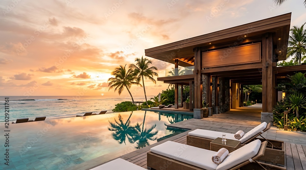 Fototapeta premium Luxurious Tropical Villa Overlooking the Ocean at Sunset