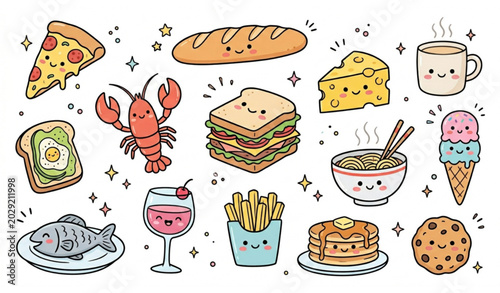 Hand drawn cute food doodle collection with coffee pizza seafood sandwich and kawaii cafe icons