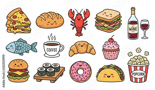 Cute food doodle vector set with pizza sandwich coffee fish lobster and cartoon restaurant elements