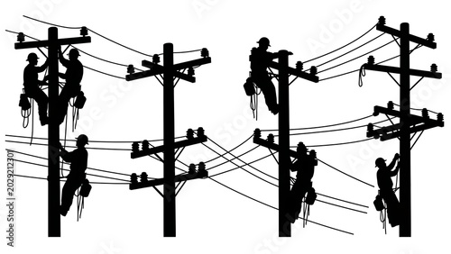Silhouette of power lines and utility poles against a bright white background isolated vector illustration
