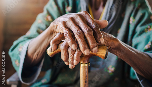 Close-up of elderly hands resting on a wooden cane.