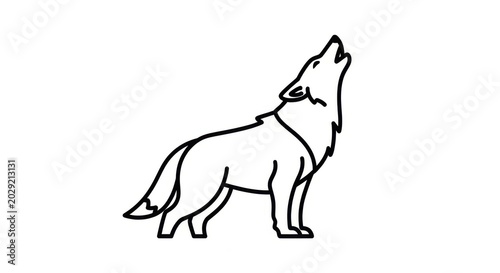 Black Line Drawing Howling Wolf Silhouette on Plain Background